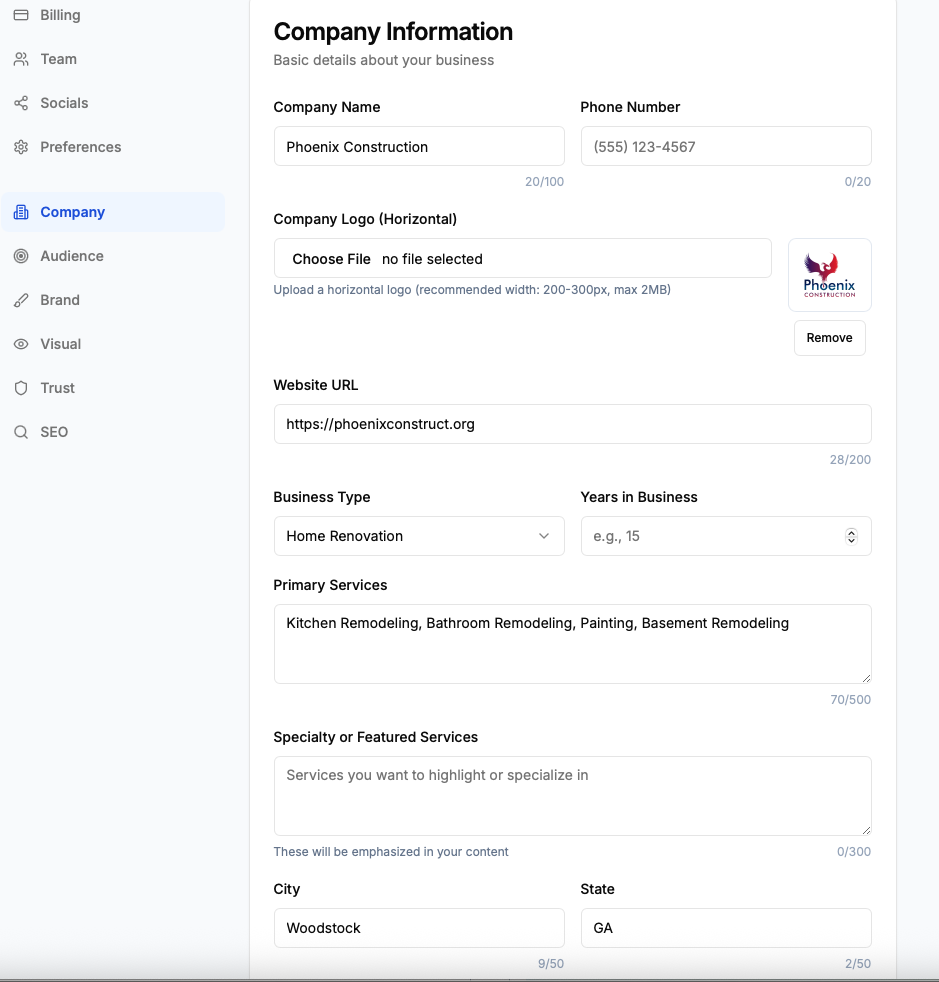 SIGNAL Business Profile Setup